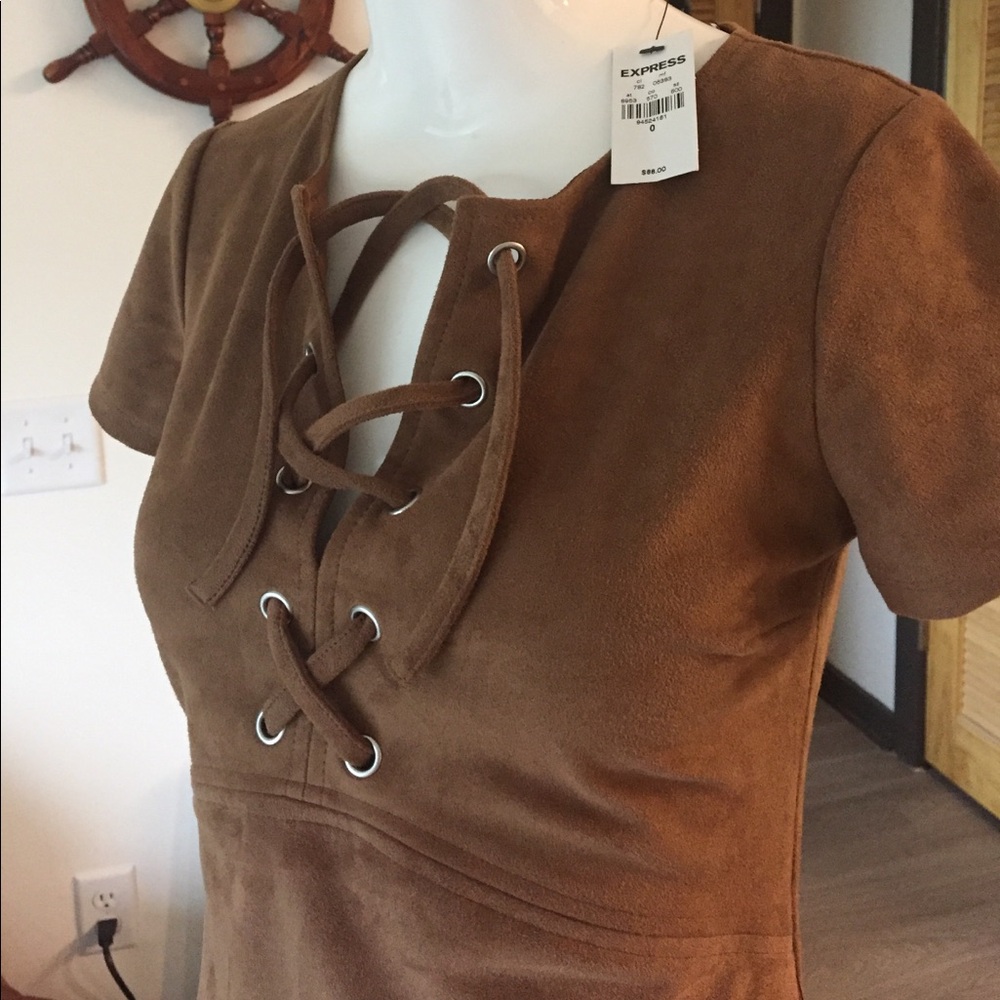 Express Brown Suede-Look Lace-Up Midi Dress - Picture 4 of 6